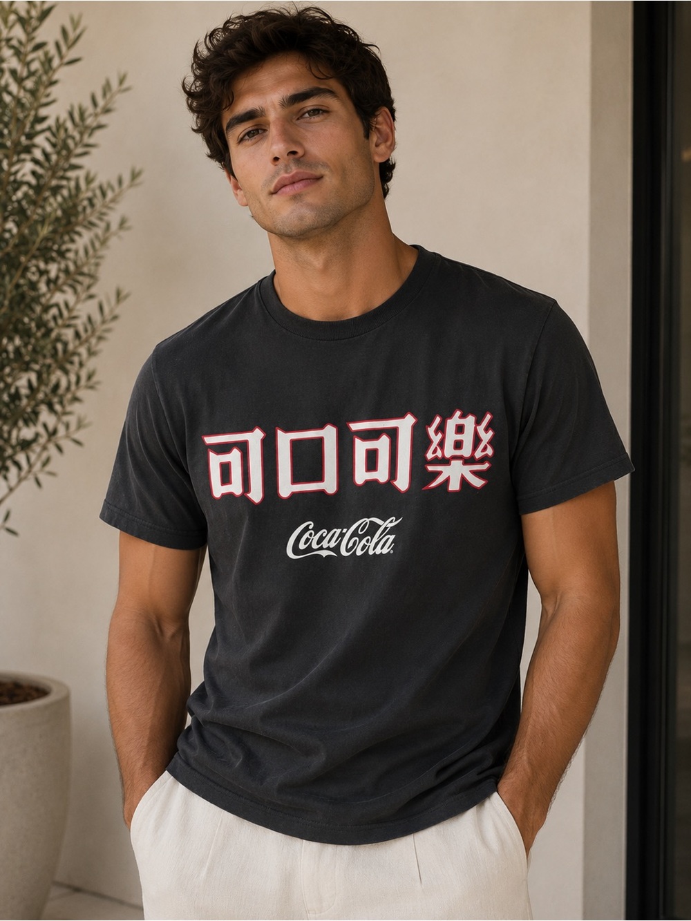 Coca Cola Black Tee with Red-Outlined White Script and Chinese Characters